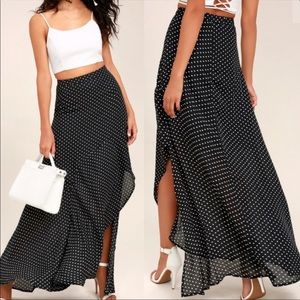 NWT LULUS Black Maxi Asymmetrical Skirt Polka Dots